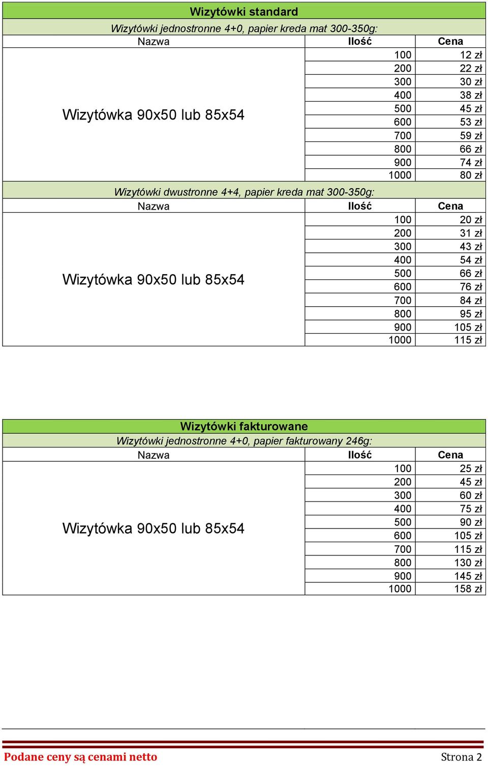 zł 700 84 zł 800 95 zł 900 105 zł 1000 115 zł Wizytówka 90x50 lub 85x54 Wizytówki fakturowane Wizytówki jednostronne 4+0, papier fakturowany 246g: 100 25 zł