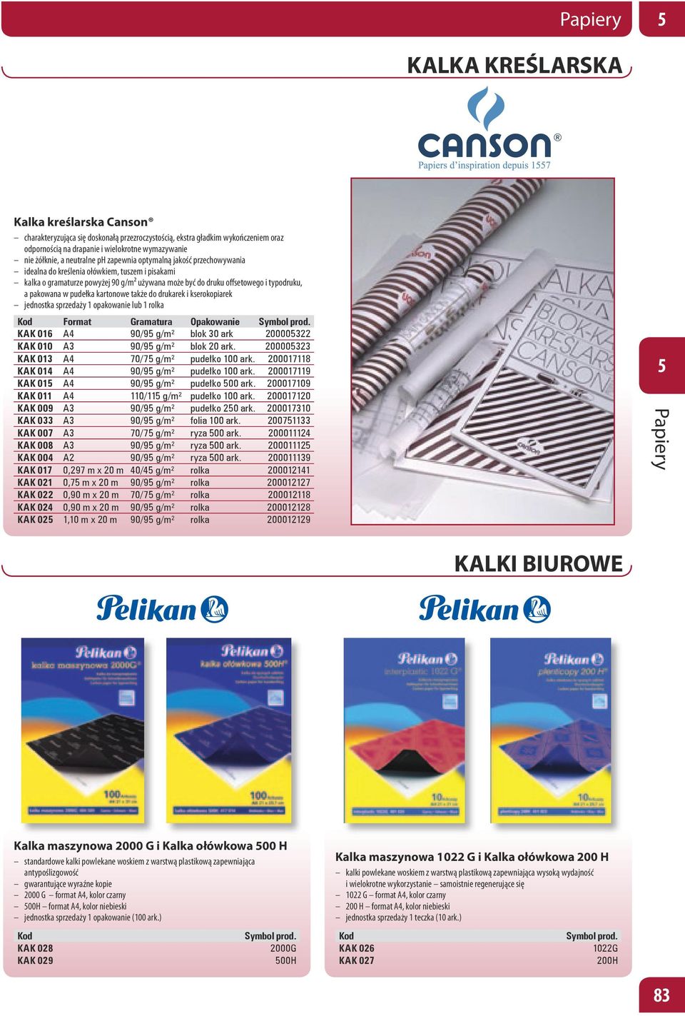 kartonowe także do drukarek i kserokopiarek lub 1 rolka Kod Format Gramatura Opakowanie Symbol prod. KAK 016 A4 90/9 g/m² blok 30 ark 20000322 KAK 010 A3 90/9 g/m² blok 20 ark.