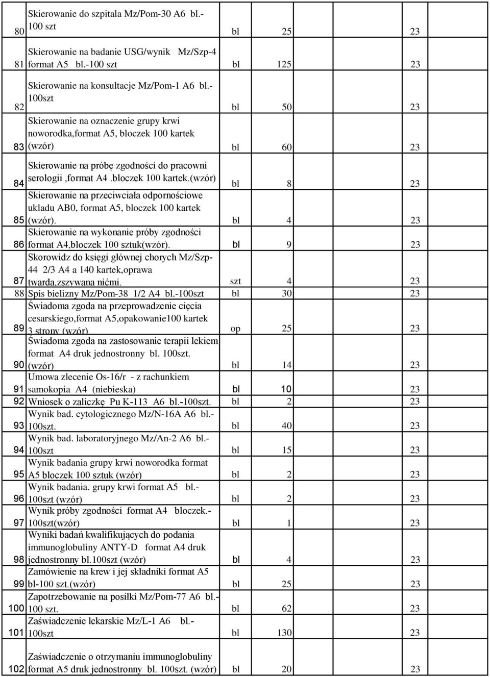 (wzór) bl 60 23 Skierowanie na próbę zgodności do pracowni serologii,format A4.bloczek 100 kartek.