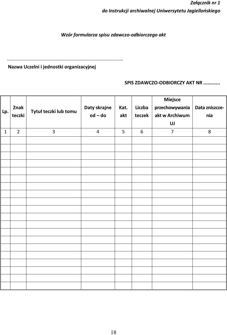 .. Nazwa Uczelni i jednostki organizacyjnej SPIS ZDAWCZO-ODBIORCZY AKT NR.