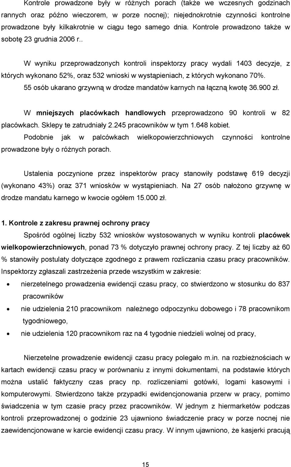 . W wyniku przeprowadzonych kontroli inspektorzy pracy wydali 1403 decyzje, z których wykonano 52%, oraz 532 wnioski w wystąpieniach, z których wykonano 70%.