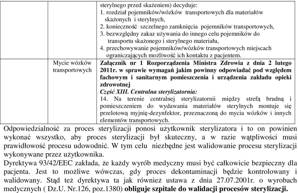 przechowywanie pojemników/wózków transportowych miejscach ograniczających moŝliwość ich kontaktu z pacjentem. Załącznik nr 1 Rozporządzenia Ministra Zdrowia z dnia 2 lutego 2011r.