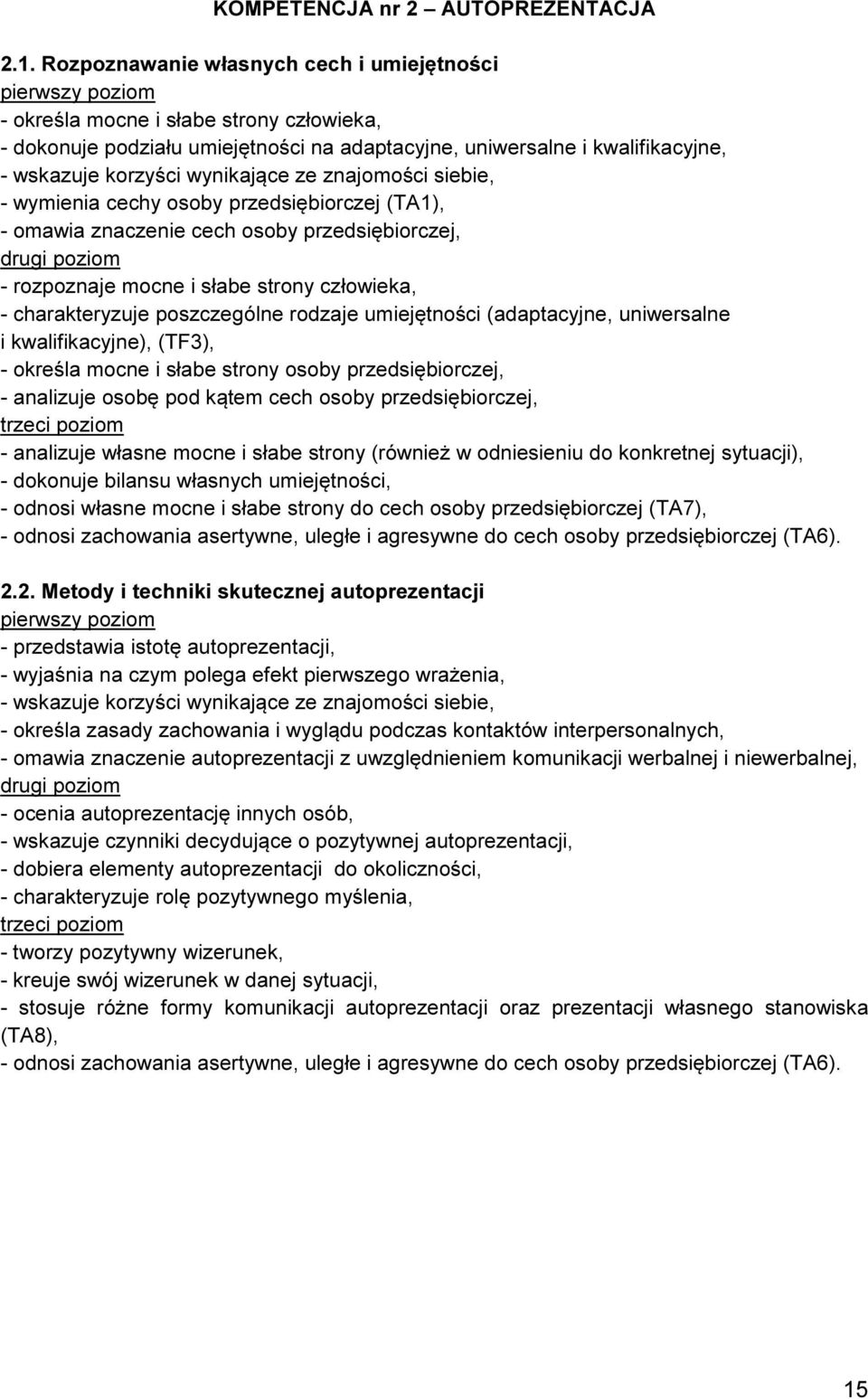 znajomości siebie, - wymienia cechy osoby przedsiębiorczej (TA1), - omawia znaczenie cech osoby przedsiębiorczej, - rozpoznaje mocne i słabe strony człowieka, - charakteryzuje poszczególne rodzaje