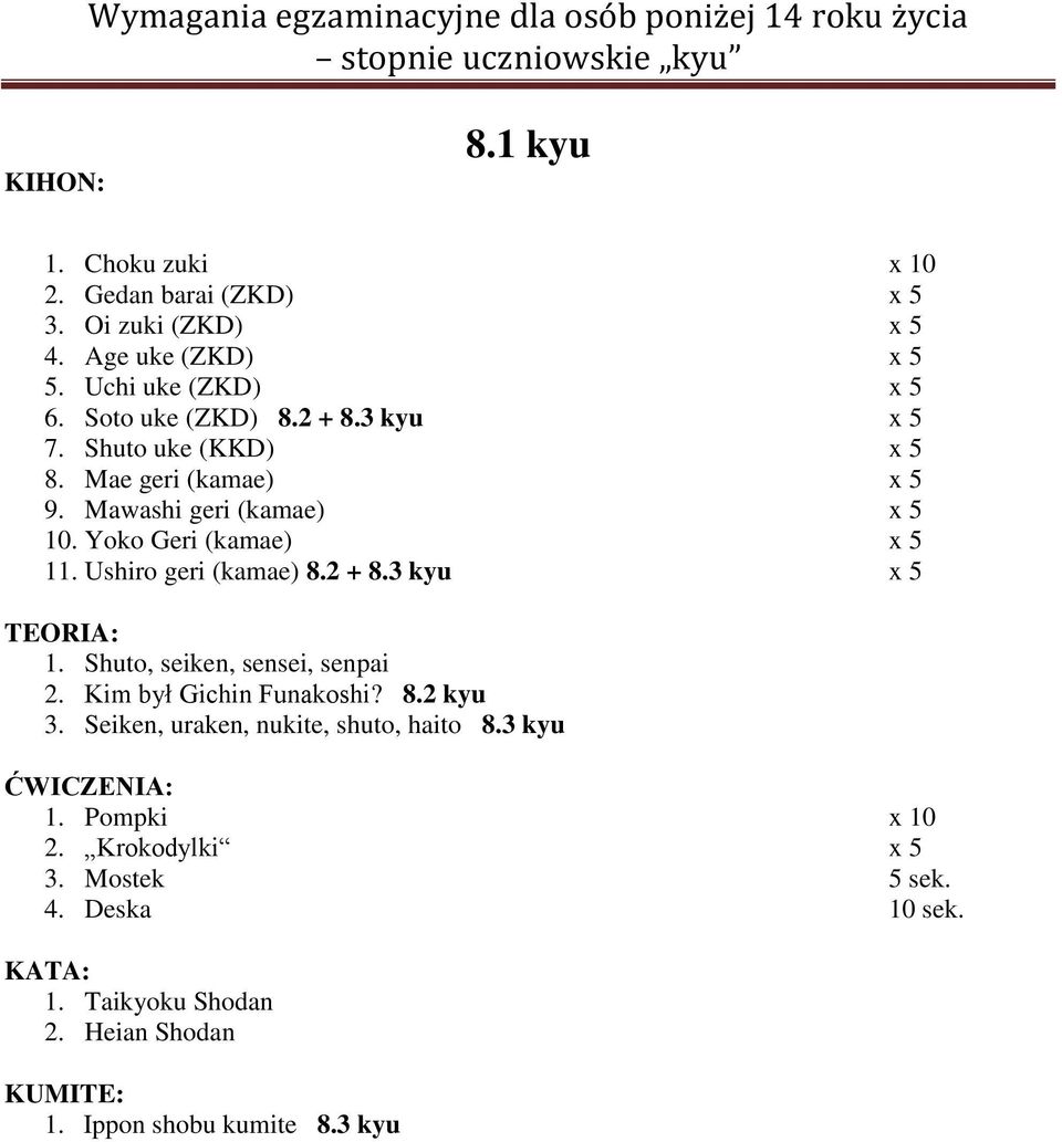 Ushiro geri (kamae) 8.2 + 8.3 kyu x 5 1. Shuto, seiken, sensei, senpai 2. Kim był Gichin Funakoshi? 8.2 kyu 3.