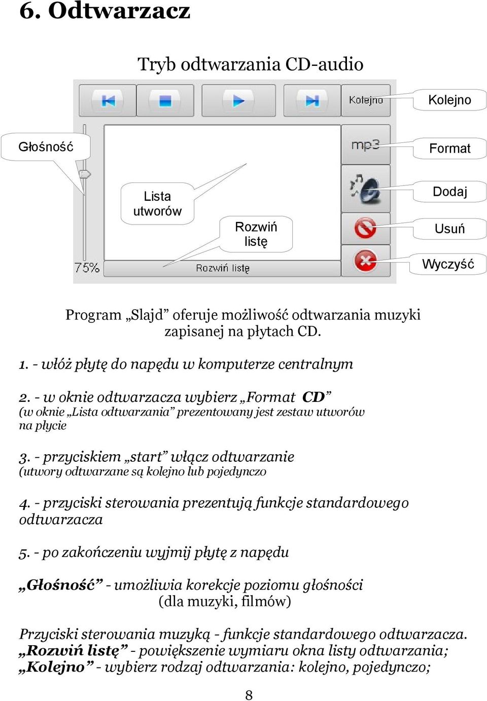 - przyciskiem start włącz odtwarzanie (utwory odtwarzane są kolejno lub pojedynczo 4. - przyciski sterowania prezentują funkcje standardowego odtwarzacza 5.