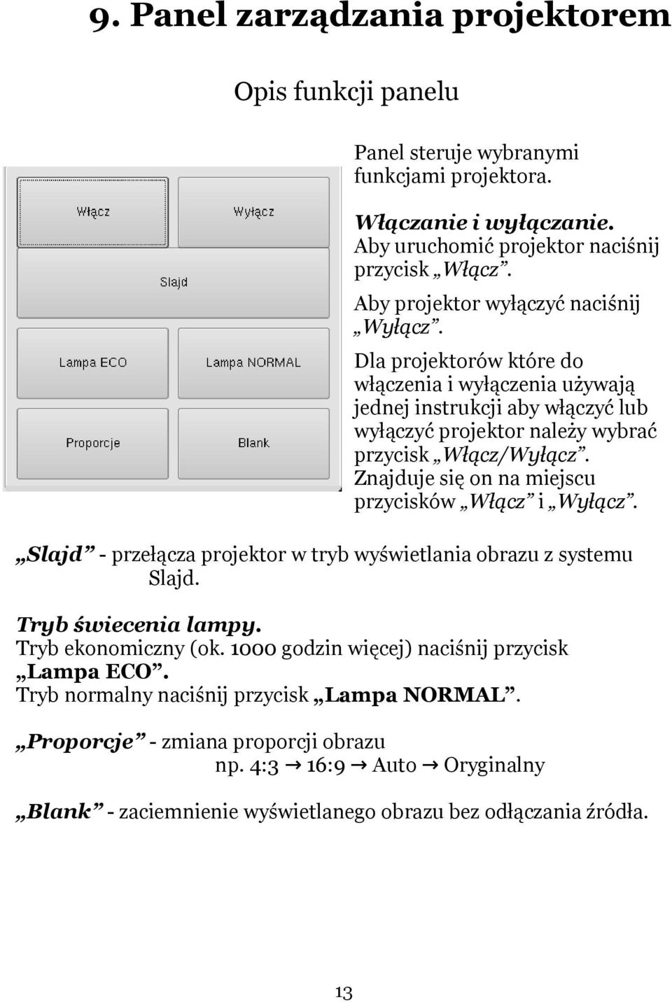 Znajduje się on na miejscu przycisków Włącz i Wyłącz. Slajd - przełącza projektor w tryb wyświetlania obrazu z systemu Slajd. Tryb świecenia lampy. Tryb ekonomiczny (ok.