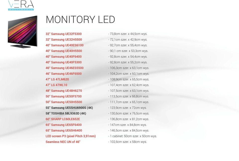 P3 (pixel Pitch 3,91mm) Seamless NEC UN of 46'' - 73,8cm szer. x 44,5cm wys. - 72,1cm szer. x 42,9cm wys. - 92,7cm szer. x 55,4cm wys. - 90,1 cm szer. x 53,3cm wys. - 92,8cm szer. x 54,4cm wys.