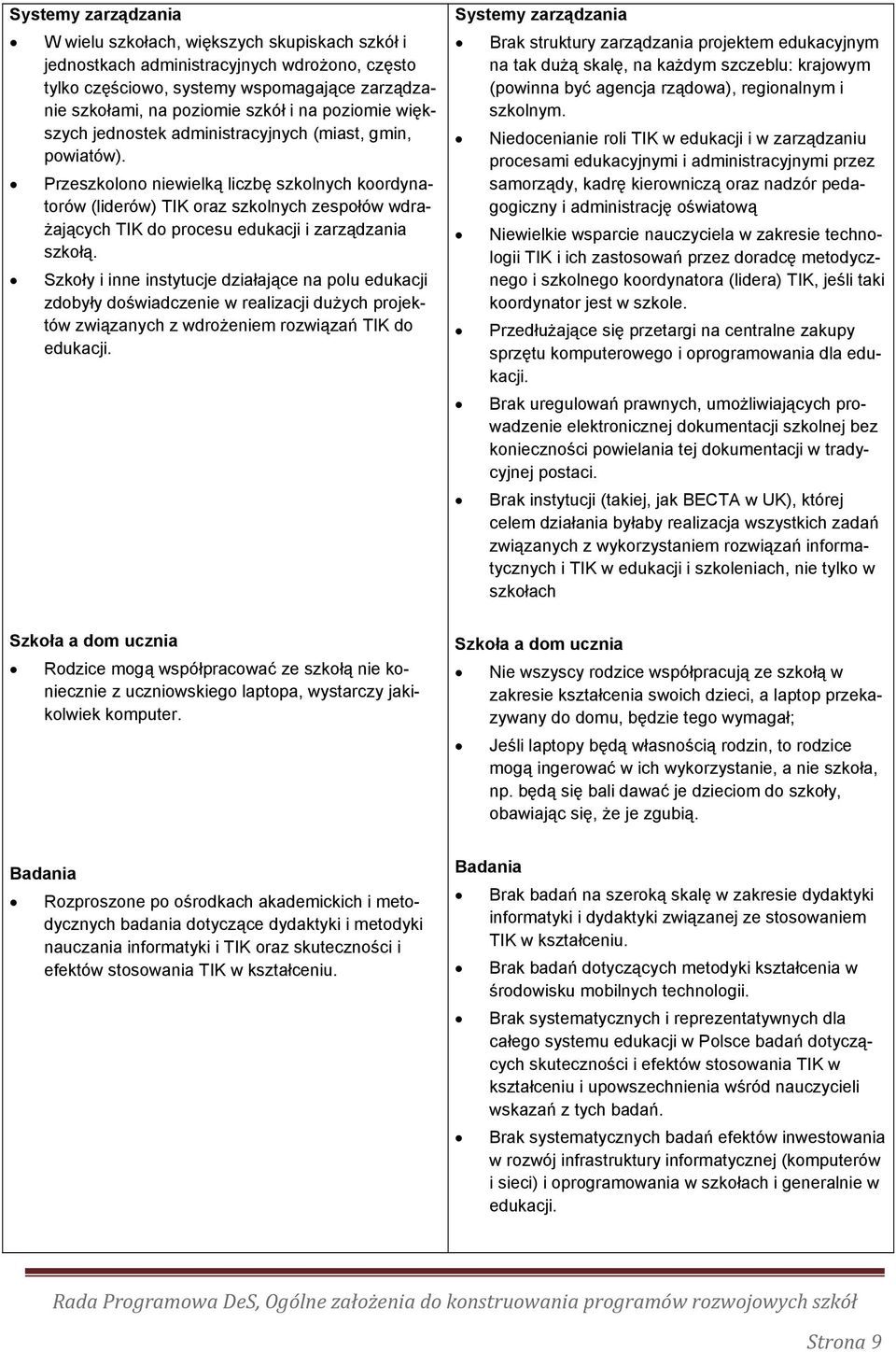 Przeszkolono niewielką liczbę szkolnych koordynatorów (liderów) TIK oraz szkolnych zespołów wdrażających TIK do procesu edukacji i zarządzania szkołą.