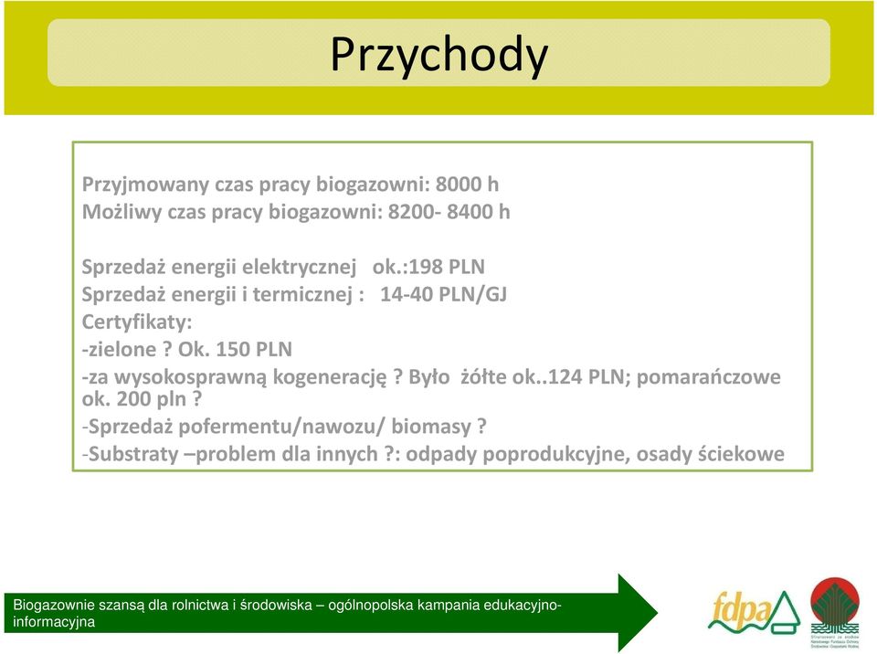 :198 PLN Sprzedaż energii i termicznej : 14-40 PLN/GJ Certyfikaty: -zielone? Ok.