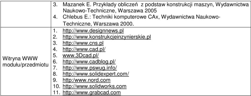 : Techniki komputerowe CAx, Wydawnictwa Naukowo- Techniczne, Warszawa 000. 1. http://www.designnews.pl. http://www.konstrukcjeinzynierskie.