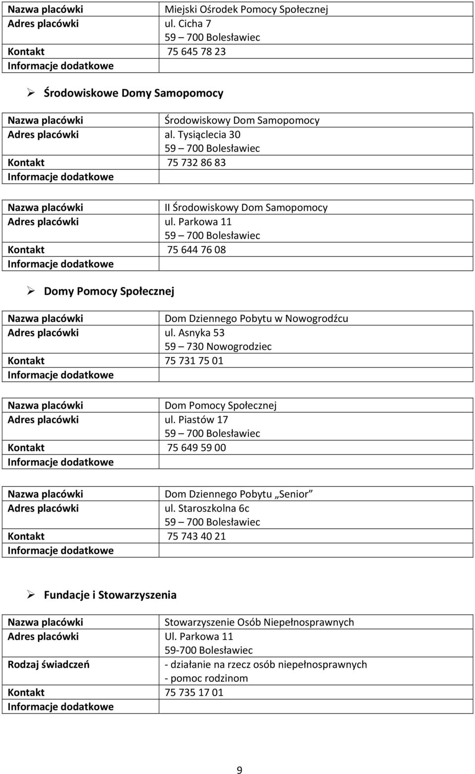 Parkowa 11 59 700 Bolesławiec Kontakt 75 644 76 08 Domy Pomocy Społecznej Dom Dziennego Pobytu w Nowogrodźcu Adres placówki ul.