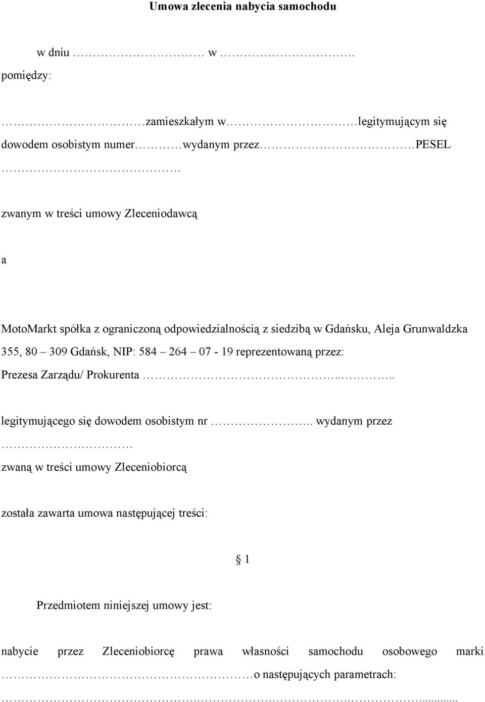 Umowa zlecenia nabycia samochodu. zamieszkałym w legitymującym się - PDF  Darmowe pobieranie