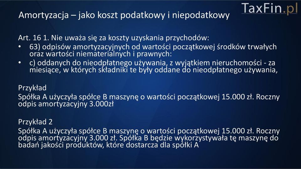 oddanych do nieodpłatnego używania, z wyjątkiem nieruchomości - za miesiące, w których składniki te były oddane do nieodpłatnego używania, Przykład Spółka A