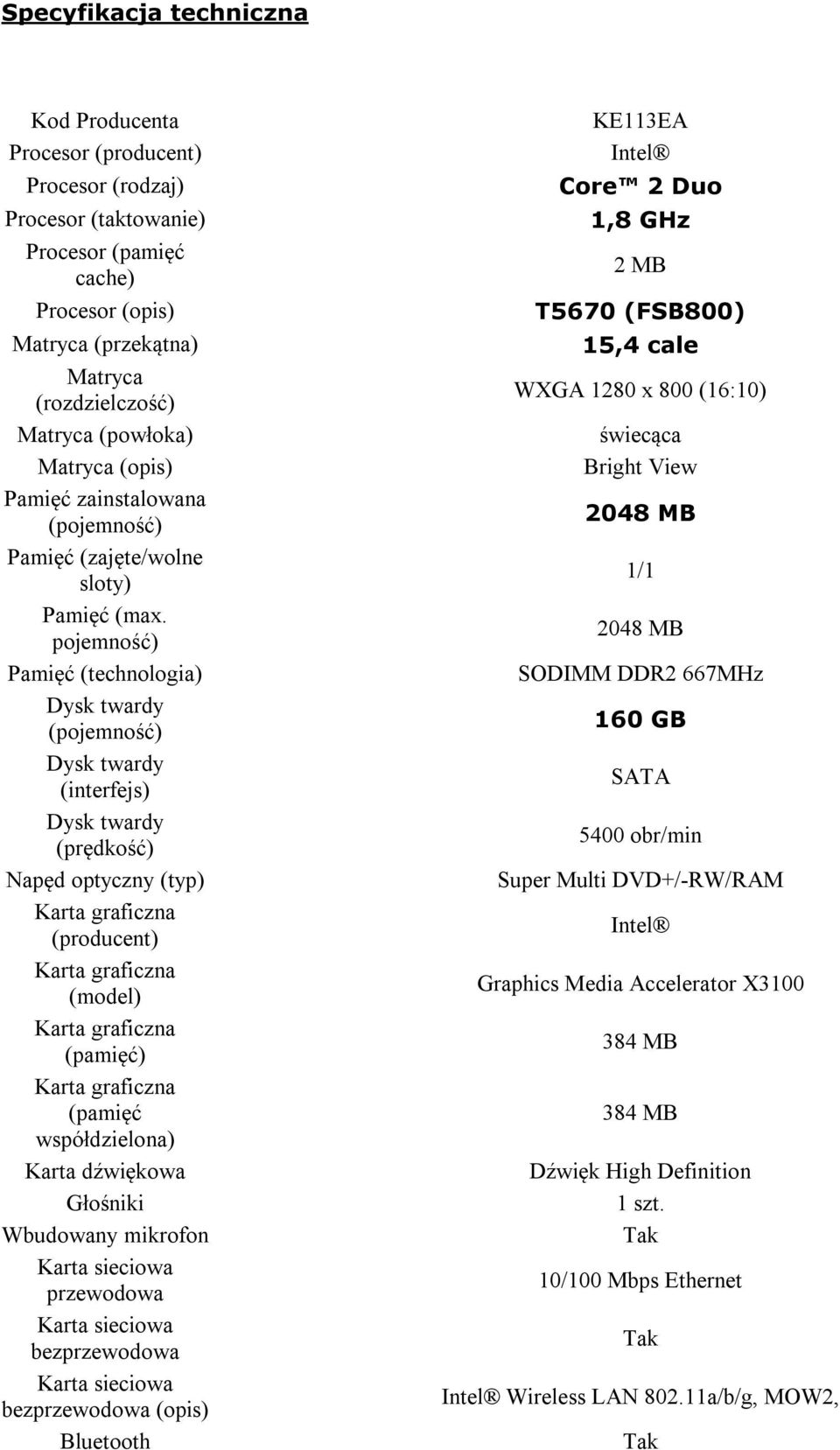 pojemność) Pamięć (technologia) Dysk twardy (pojemność) Dysk twardy (interfejs) Dysk twardy (prędkość) Napęd optyczny (typ) Karta graficzna (producent) Karta graficzna (model) Karta graficzna