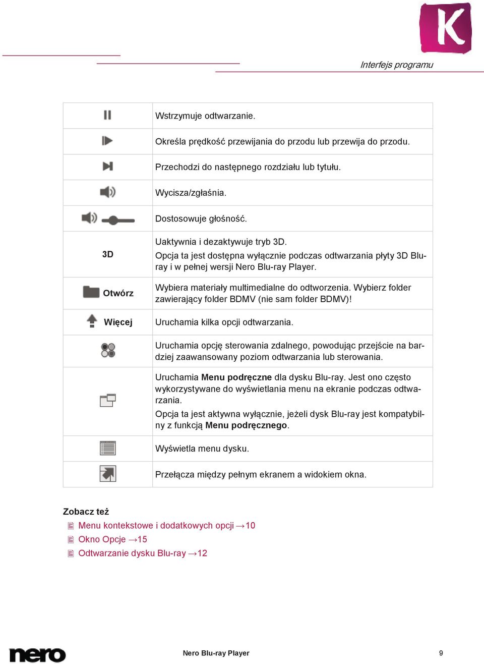Wybiera materiały multimedialne do odtworzenia. Wybierz folder zawierający folder BDMV (nie sam folder BDMV)! Uruchamia kilka opcji odtwarzania.