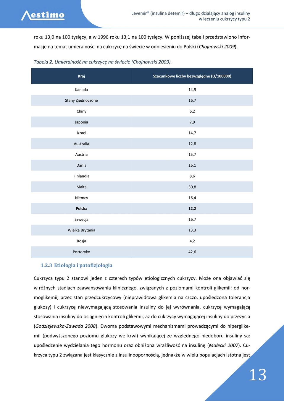 Kraj Szacunkowe liczby bezwzględne (U/100000) Kanada 14,9 Stany Zjednoczone 16,7 Chiny 6,2 Japonia 7,9 Izrael 14,7 Australia 12,8 Austria 15,7 Dania 16,1 Finlandia 8,6 Malta 30,8 Niemcy 16,4 Polska