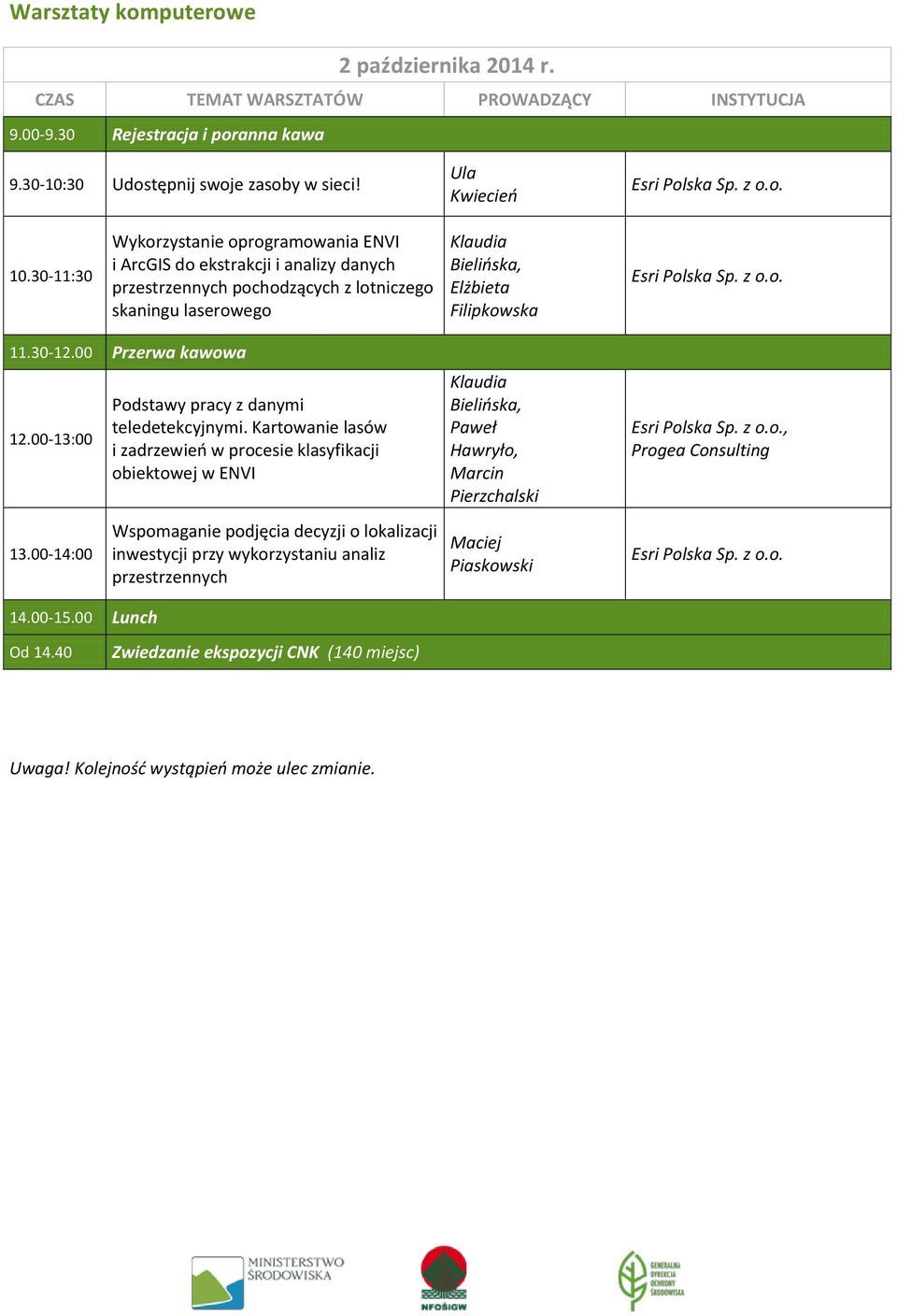 Elżbieta Filipkowska 12.00-13:00 13.00-14:00 Podstawy pracy z danymi teledetekcyjnymi.