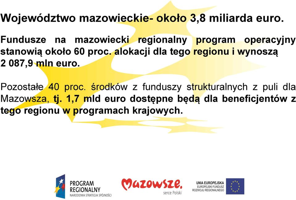 alokacji dla tego regionu i wynoszą 2 087,9 mln euro. Pozostałe 40 proc.