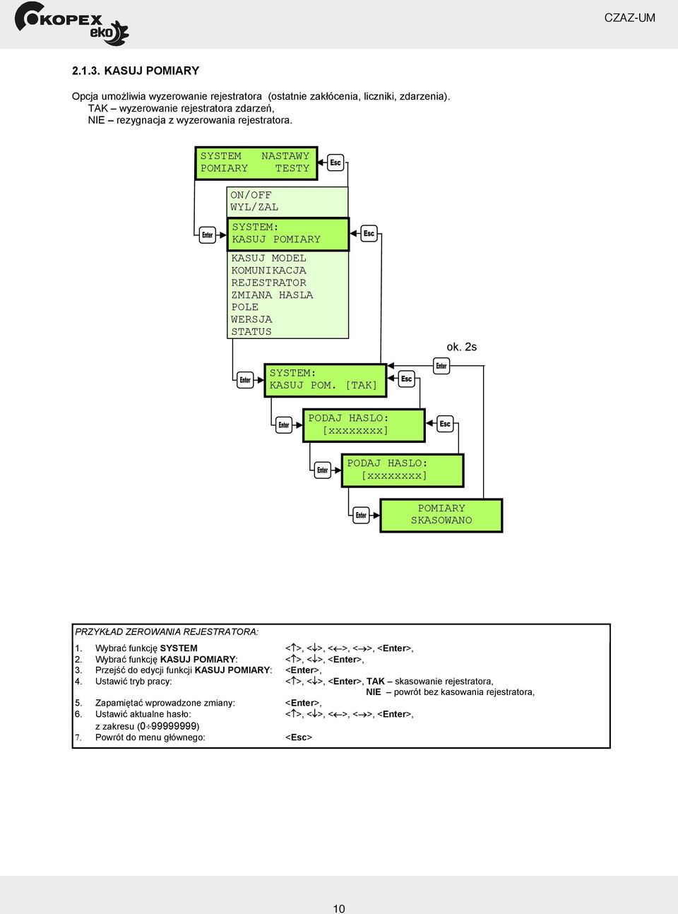 [TAK] PODAJ HASLO: [xxxxxxxx] PODAJ HASLO: [xxxxxxxx] POMIARY SKASOWANO PRZYK AD ZEROWANIA REJESTRATORA: 1. Wybra funkcj SYSTEM < >, < >, < >, < >, <Enter>, 2.