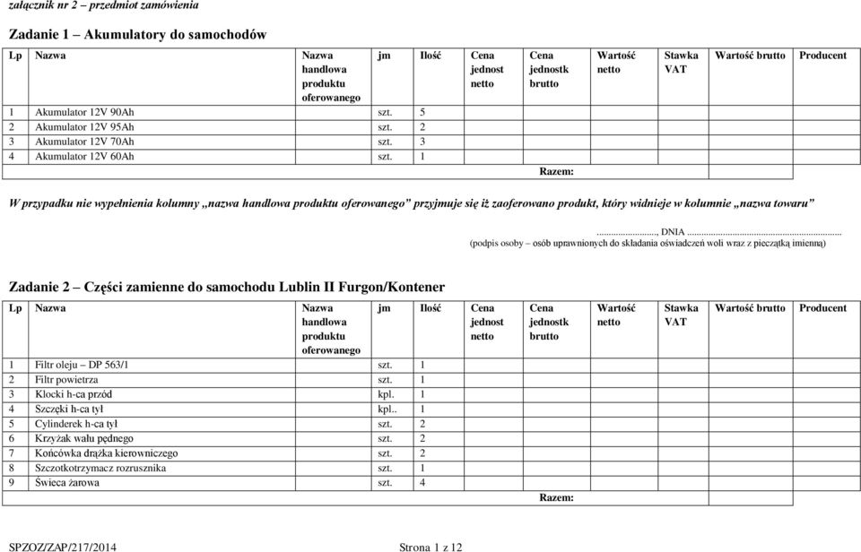 .. Zadanie 2 Części zamienne do samochodu Lublin II Furgon/Kontener 1 Filtr oleju DP 563/1 szt. 1 2 Filtr powietrza szt. 1 3 Klocki h-ca przód kpl. 1 4 Szczęki h-ca tył kpl.