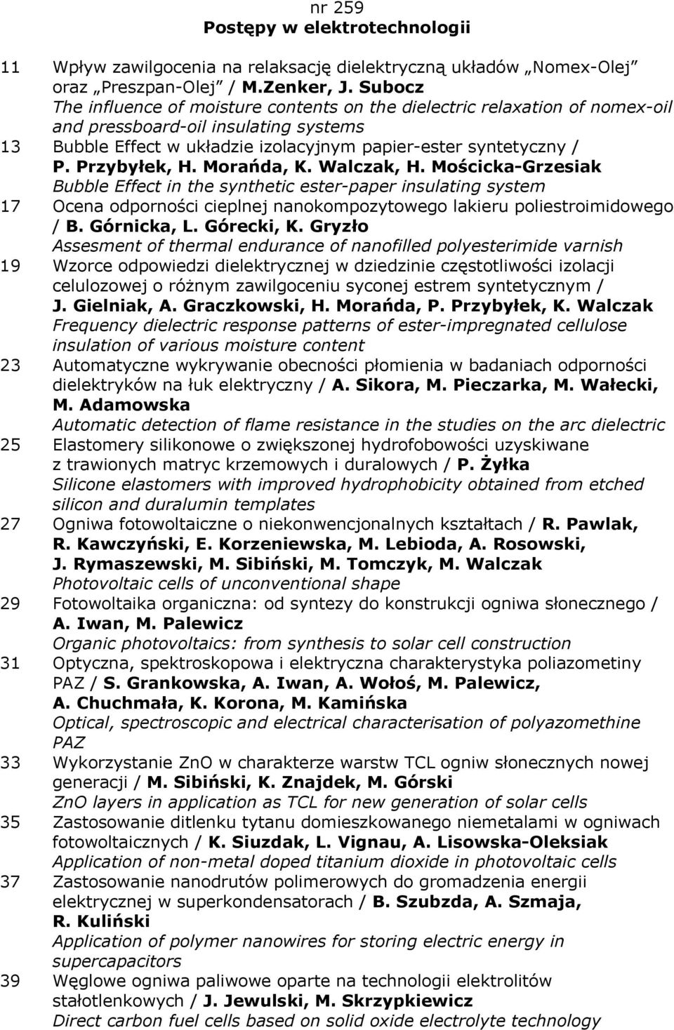 Przybyłek, H. Morańda, K. Walczak, H. Mościcka-Grzesiak Bubble Effect in the synthetic ester-paper insulating system 17 Ocena odporności cieplnej nanokompozytowego lakieru poliestroimidowego / B.