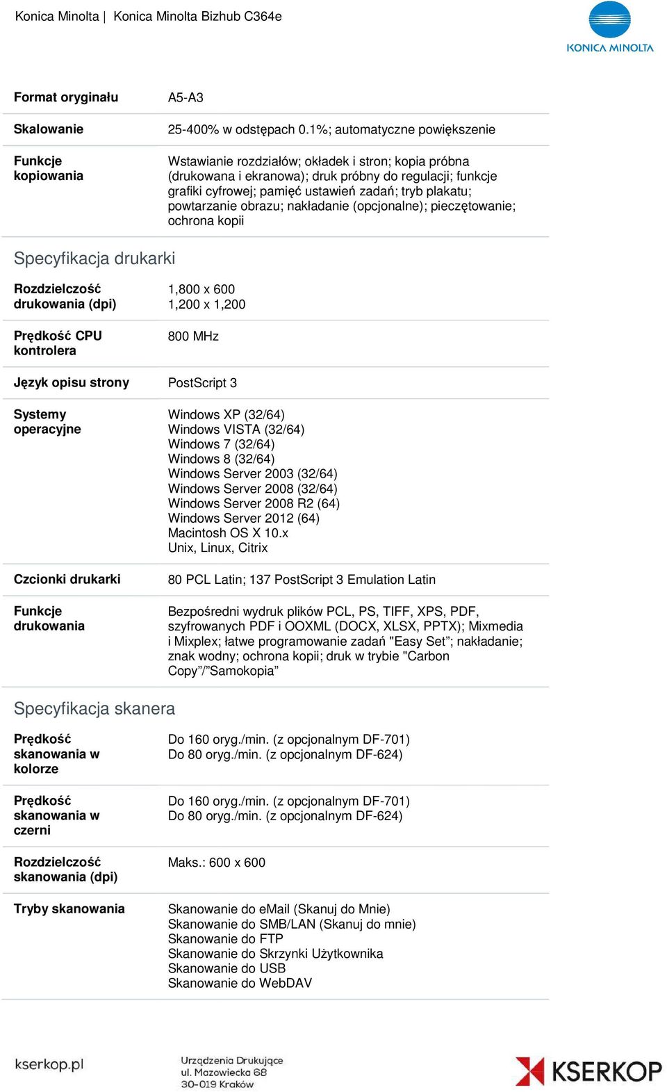 powtarzanie obrazu; nakładanie (opcjonalne); pieczętowanie; ochrona kopii Specyfikacja drukarki Rozdzielczość drukowania (dpi) Prędkość CPU kontrolera 1,800 x 600 1,200 x 1,200 800 MHz Język opisu