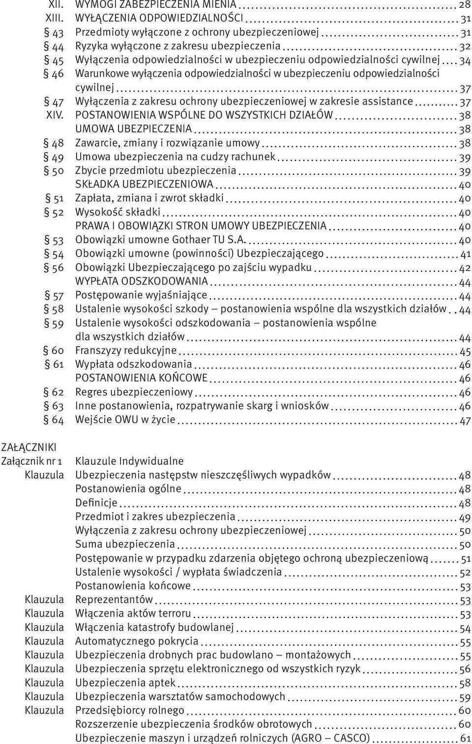 cywilnej 34 46 Warunkowe wyłączenia odpowiedzialności w ubezpieczeniu odpowiedzialności cywilnej 37 47 Wyłączenia z zakresu ochrony ubezpieczeniowej w zakresie assistance 37 XIV.