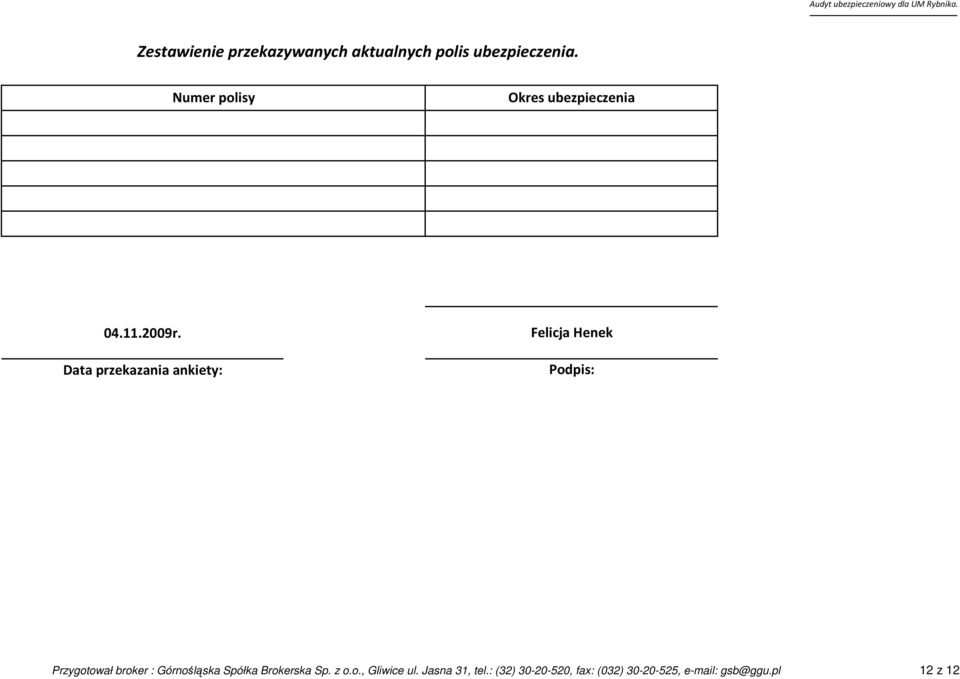 Data przekazania ankiety: Felicja Henek Podpis: Przygotował broker :