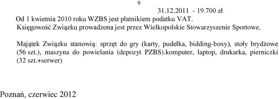 Majątek Związku stanowią: sprzęt do gry (karty, pudełka, bidding-boxy), stoły brydżowe (56