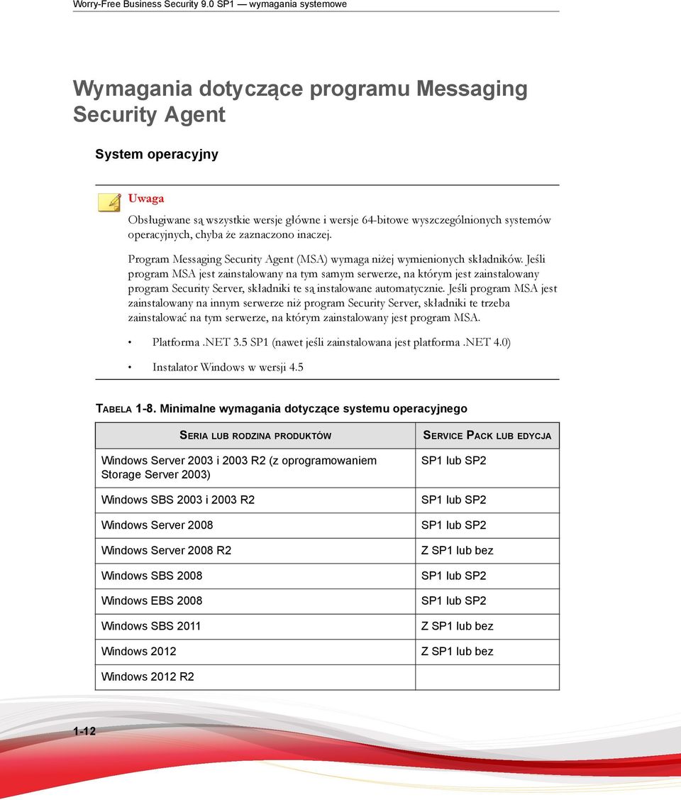 operacyjnych, chyba że zaznaczono inaczej. Program Messaging Security Agent (MSA) wymaga niżej wymienionych składników.