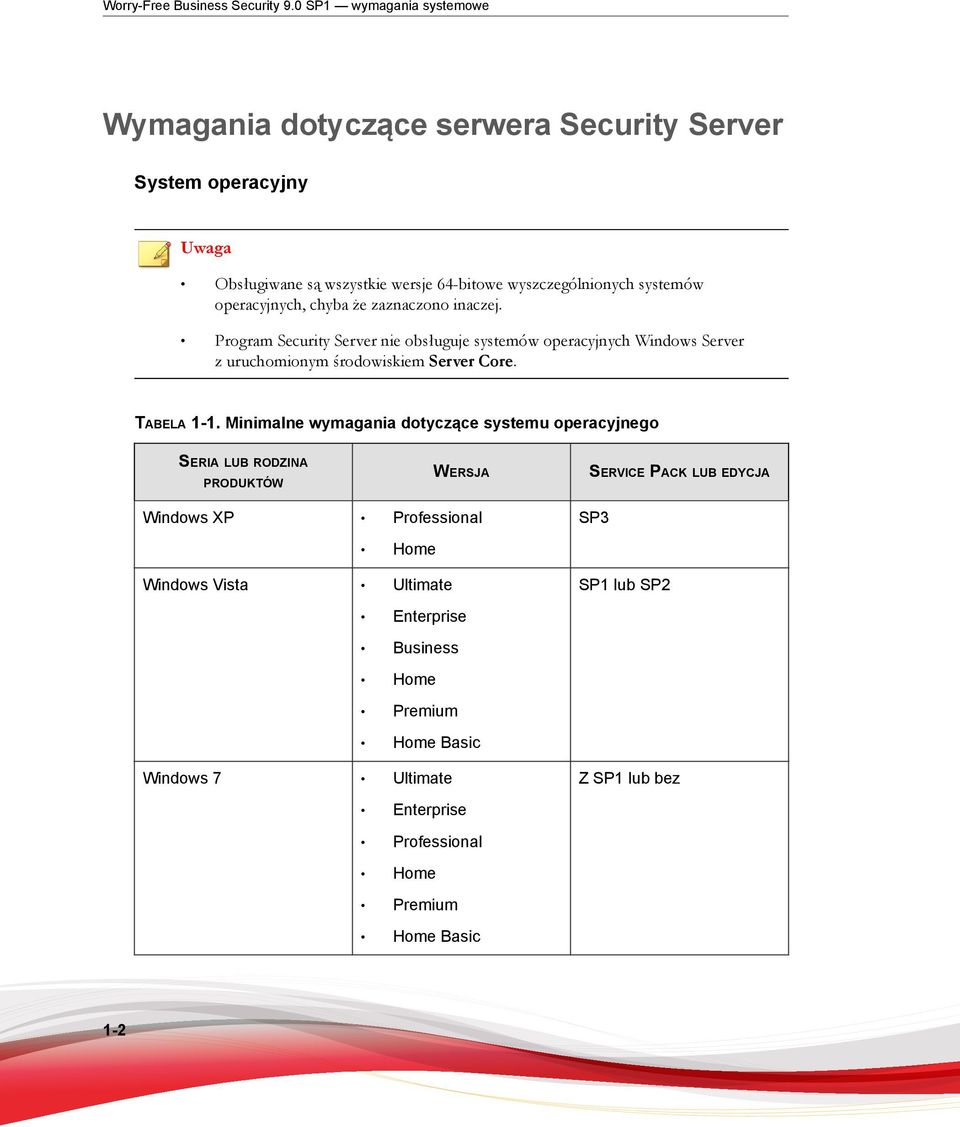 operacyjnych, chyba że zaznaczono inaczej. Program Security Server nie obsługuje systemów operacyjnych Windows Server z uruchomionym środowiskiem Server Core.