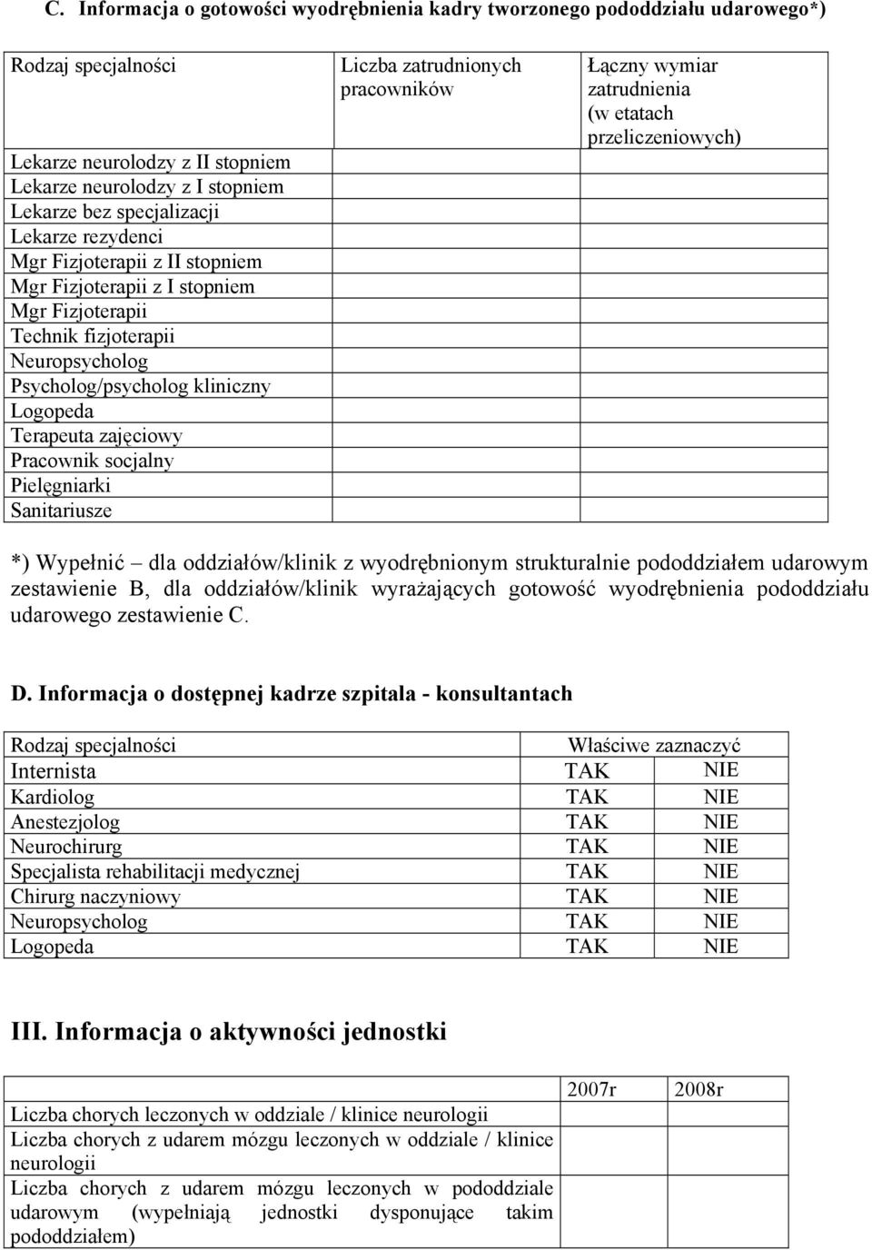 socjalny Pielęgniarki Sanitariusze Liczba zatrudnionych pracowników Łączny wymiar zatrudnienia (w etatach przeliczeniowych) *) Wypełnić dla oddziałów/klinik z wyodrębnionym strukturalnie pododdziałem