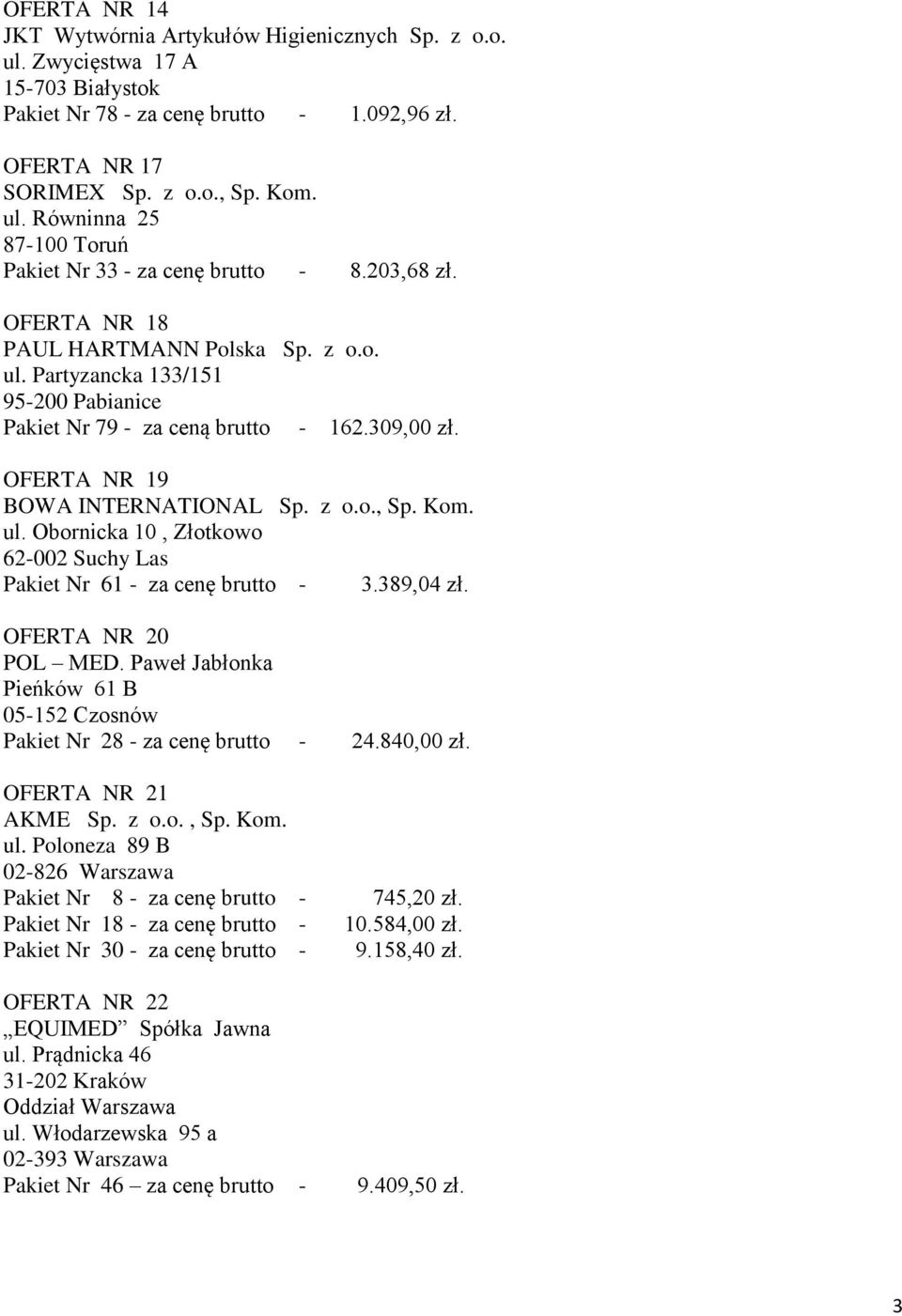 389,04 zł. OFERTA NR 20 POL MED. Paweł Jabłonka Pieńków 61 B 05-152 Czosnów Pakiet Nr 28 - za cenę brutto - 24.840,00 zł. OFERTA NR 21 AKME Sp. z o.o., Sp. Kom. ul.