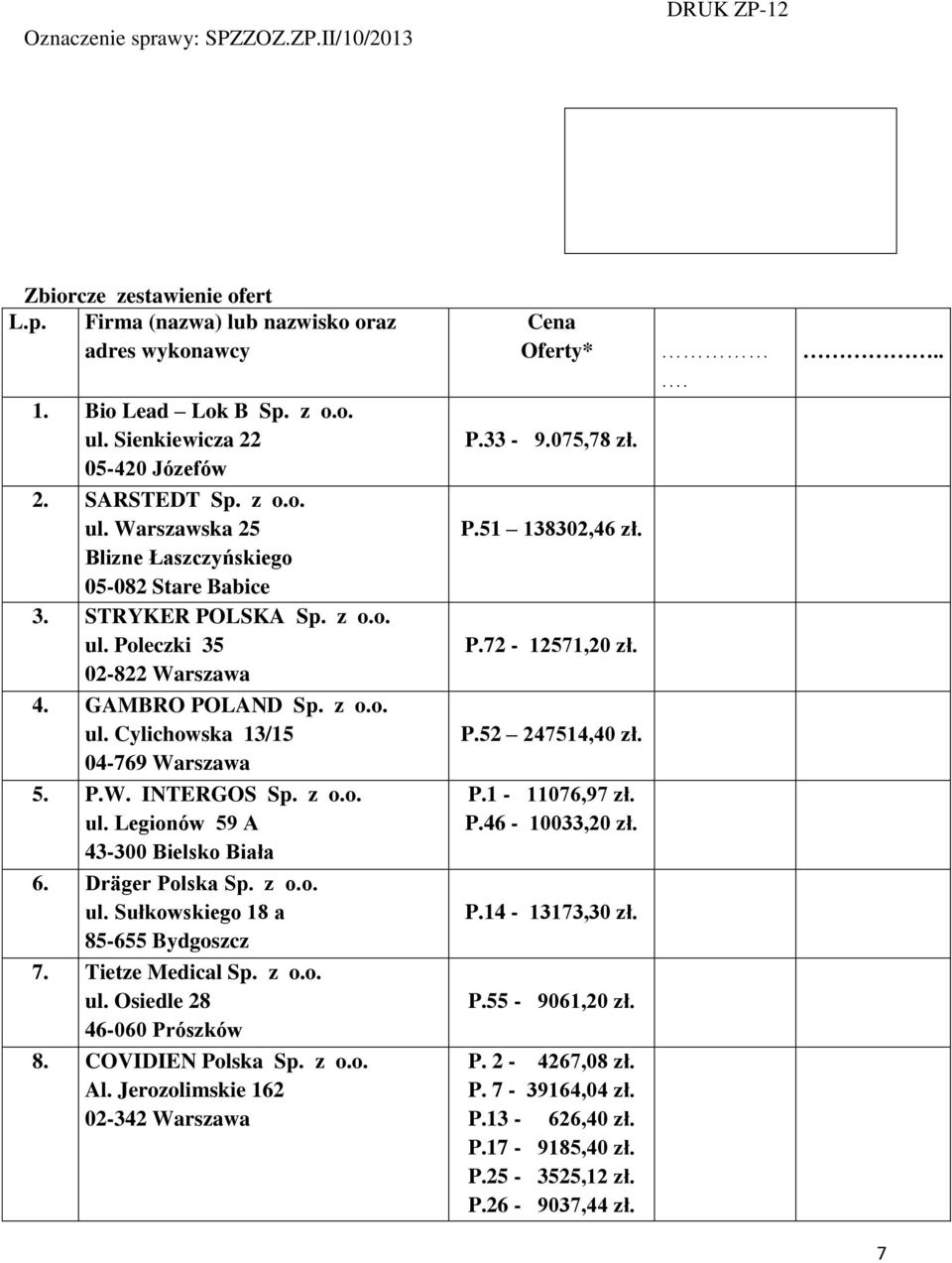 P.W. INTERGOS Sp. z o.o. ul. Legionów 59 A 43-300 Bielsko Biała 6. Drӓger Polska Sp. z o.o. ul. Sułkowskiego 18 a 85-655 Bydgoszcz 7. Tietze Medical Sp. z o.o. ul. Osiedle 28 46-060 Prószków 8.