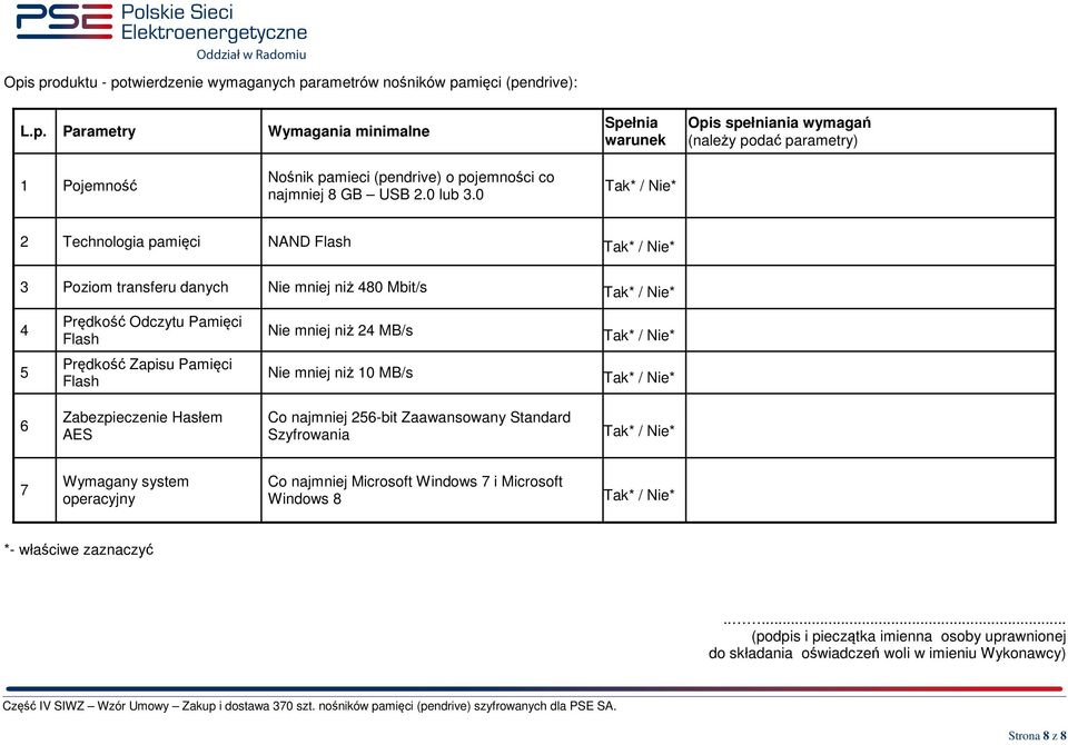 0 2 Technologia pamięci NAND Flash 3 Poziom transferu danych Nie mniej niż 480 Mbit/s 4 Prędkość Odczytu Pamięci Flash Nie mniej niż 24 MB/s 5 Prędkość Zapisu Pamięci Flash Nie mniej niż 10