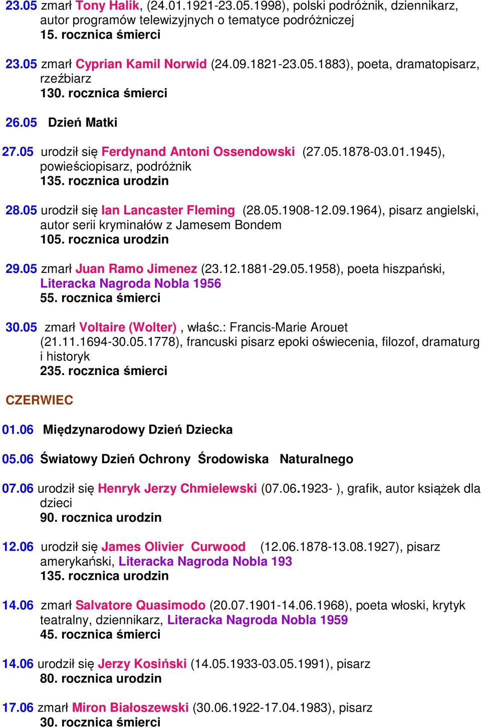 rocznica urodzin 28.05 urodził się Ian Lancaster Fleming (28.05.1908-12.09.1964), pisarz angielski, autor serii kryminałów z Jamesem Bondem 105. rocznica urodzin 29.05 zmarł Juan Ramo Jimenez (23.12.1881-29.