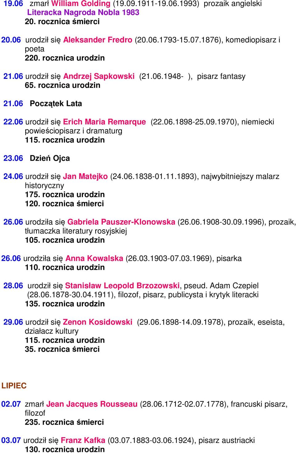 06 urodził się Erich Maria Remarque (22.06.1898-25.09.1970), niemiecki powieściopisarz i dramaturg 115. rocznica urodzin 23.06 Dzień Ojca 24.06 urodził się Jan Matejko (24.06.1838-01.11.1893), najwybitniejszy malarz historyczny 175.
