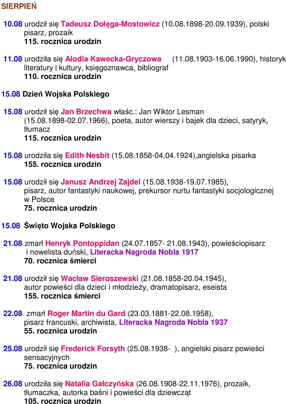 1966), poeta, autor wierszy i bajek dla dzieci, satyryk, tłumacz 115. rocznica urodzin 15.08 urodziła się Edith Nesbit (15.08.1858-04.04.1924),angielska pisarka 155. rocznica urodzin 15.08 urodził się Janusz Andrzej Zajdel (15.