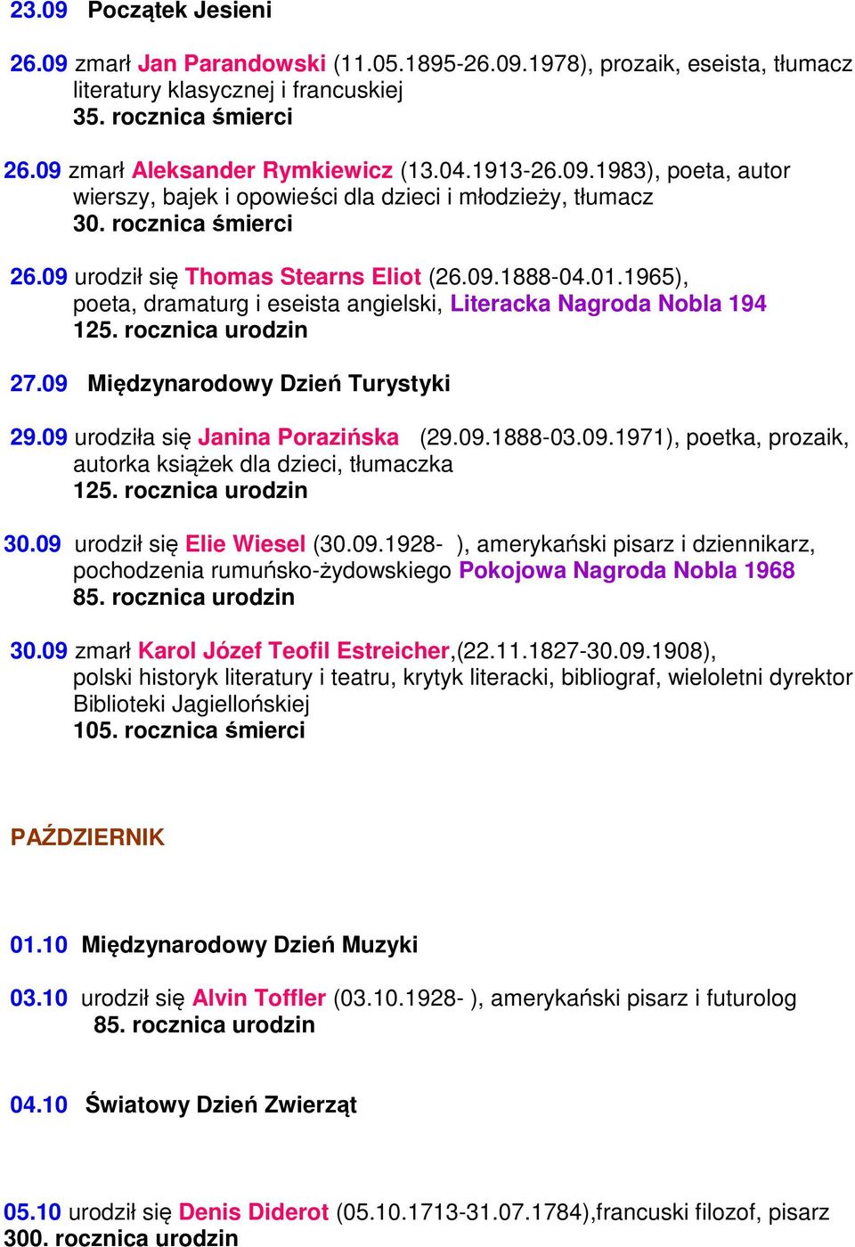 1965), poeta, dramaturg i eseista angielski, Literacka Nagroda Nobla 194 125. rocznica urodzin 27.09 Międzynarodowy Dzień Turystyki 29.09 urodziła się Janina Porazińska (29.09.1888-03.09.1971), poetka, prozaik, autorka książek dla dzieci, tłumaczka 125.