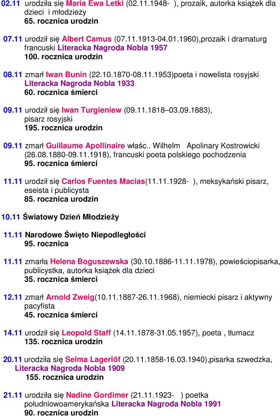 rocznica śmierci 09.11 urodził się Iwan Turgieniew (09.11.1818 03.09.1883), pisarz rosyjski 195. rocznica urodzin 09.11 zmarł Guillaume Apollinaire właśc.. Wilhelm Apolinary Kostrowicki (26.08.