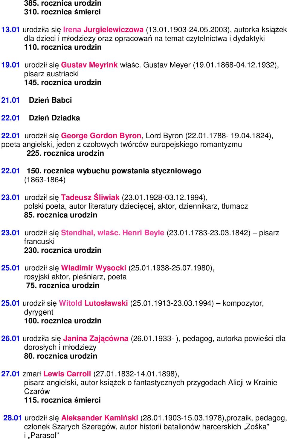 1932), pisarz austriacki 145. rocznica urodzin 21.01 Dzień Babci 22.01 Dzień Dziadka 22.01 urodził się George Gordon Byron, Lord Byron (22.01.1788-19.04.