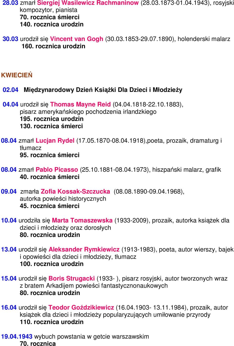 1883), pisarz amerykańskiego pochodzenia irlandzkiego 195. rocznica urodzin 130. rocznica śmierci 08.04 zmarł Lucjan Rydel (17.05.1870-08.04.1918),poeta, prozaik, dramaturg i tłumacz 95.