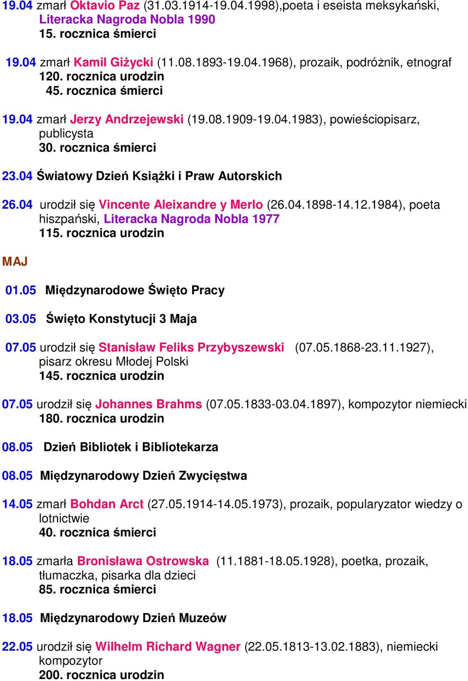 04 urodził się Vincente Aleixandre y Merlo (26.04.1898-14.12.1984), poeta hiszpański, Literacka Nagroda Nobla 1977 115. rocznica urodzin MAJ 01.05 Międzynarodowe Święto Pracy 03.