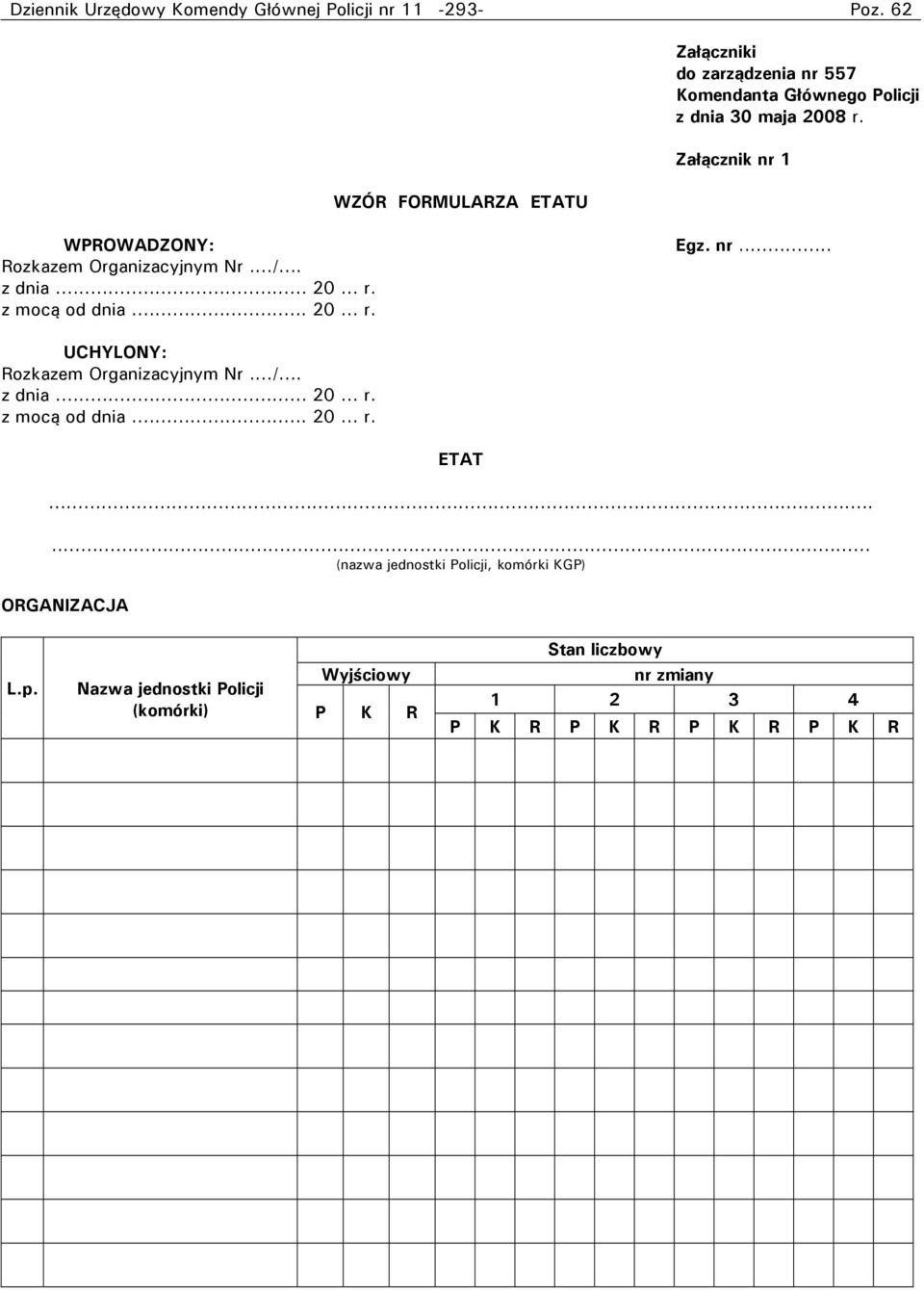 Załącznik nr 1 WPROWADZONY: Egz. nr... Rozkazem Organizacyjnym Nr.../... z dnia... 20... r. z mocą od dnia... 20... r. UCHYLONY: Rozkazem Organizacyjnym Nr.