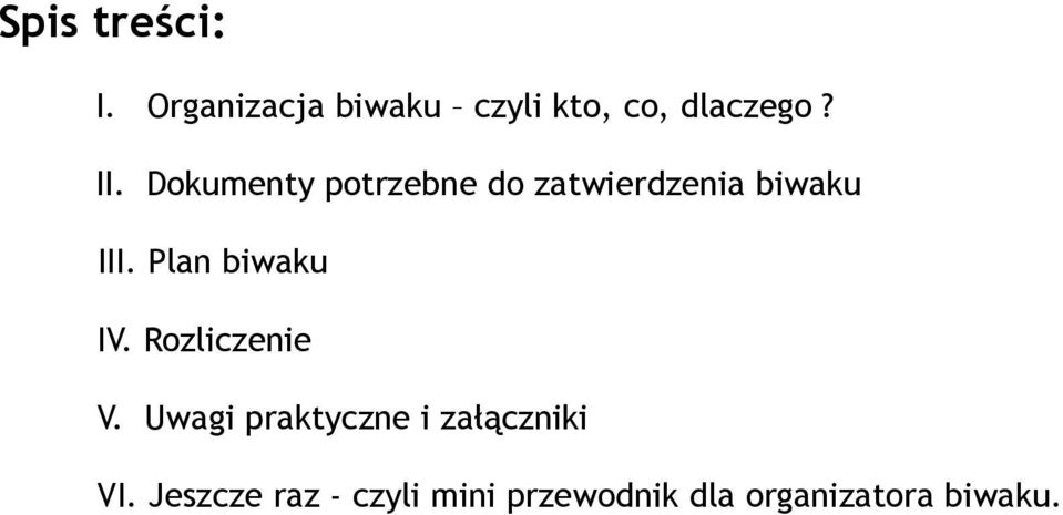Plan biwaku IV. Rozliczenie V.