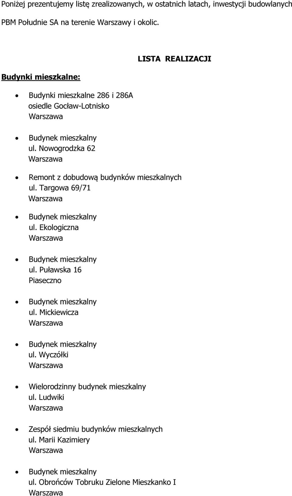 Nowogrodzka 62 Remont z dobudową budynków mieszkalnych ul. Targowa 69/71 ul. Ekologiczna ul. Puławska 16 Piaseczno ul.