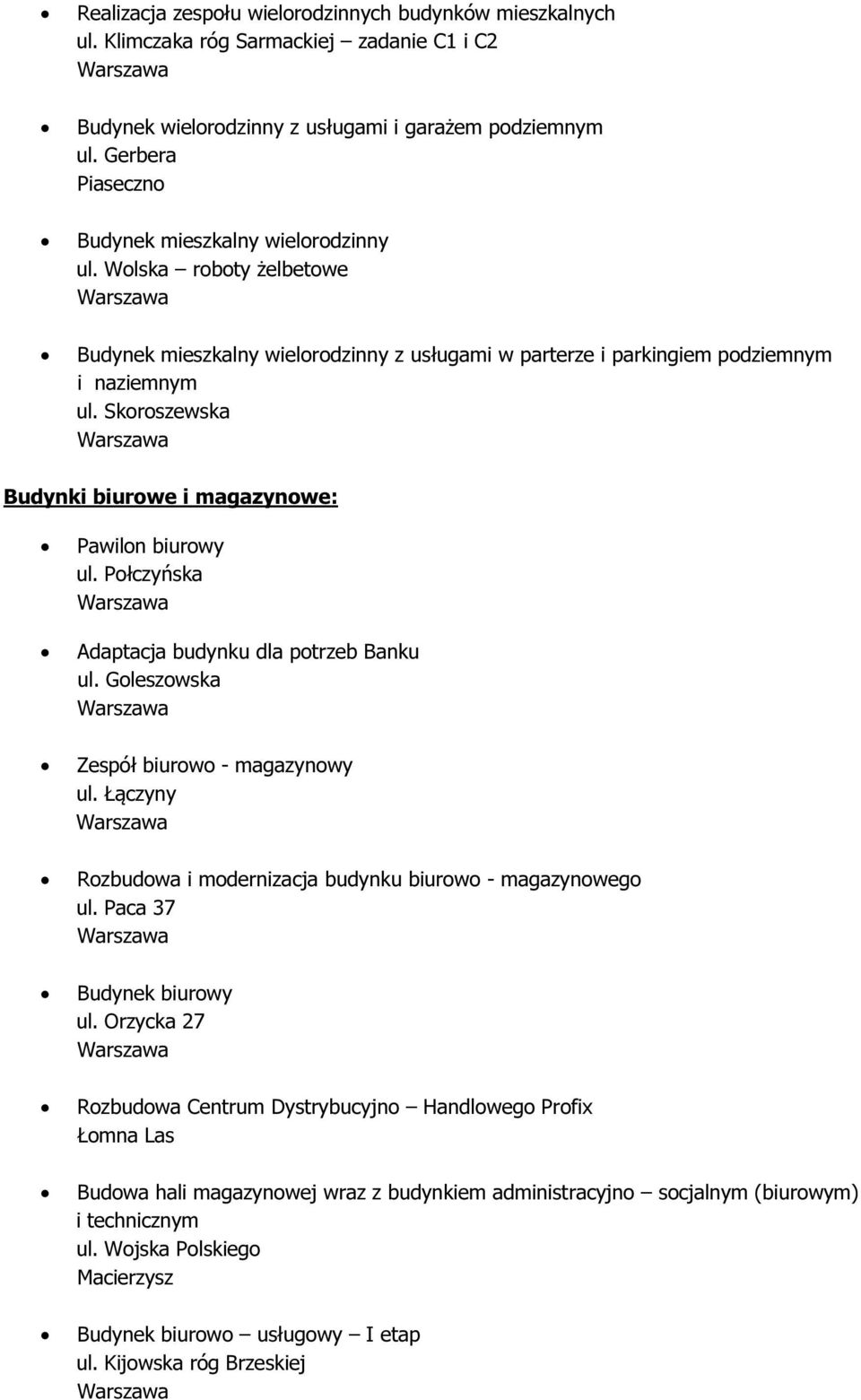 Połczyńska Adaptacja budynku dla potrzeb Banku ul. Goleszowska Zespół biurowo - magazynowy ul. Łączyny Rozbudowa i modernizacja budynku biurowo - magazynowego ul. Paca 37 Budynek biurowy ul.