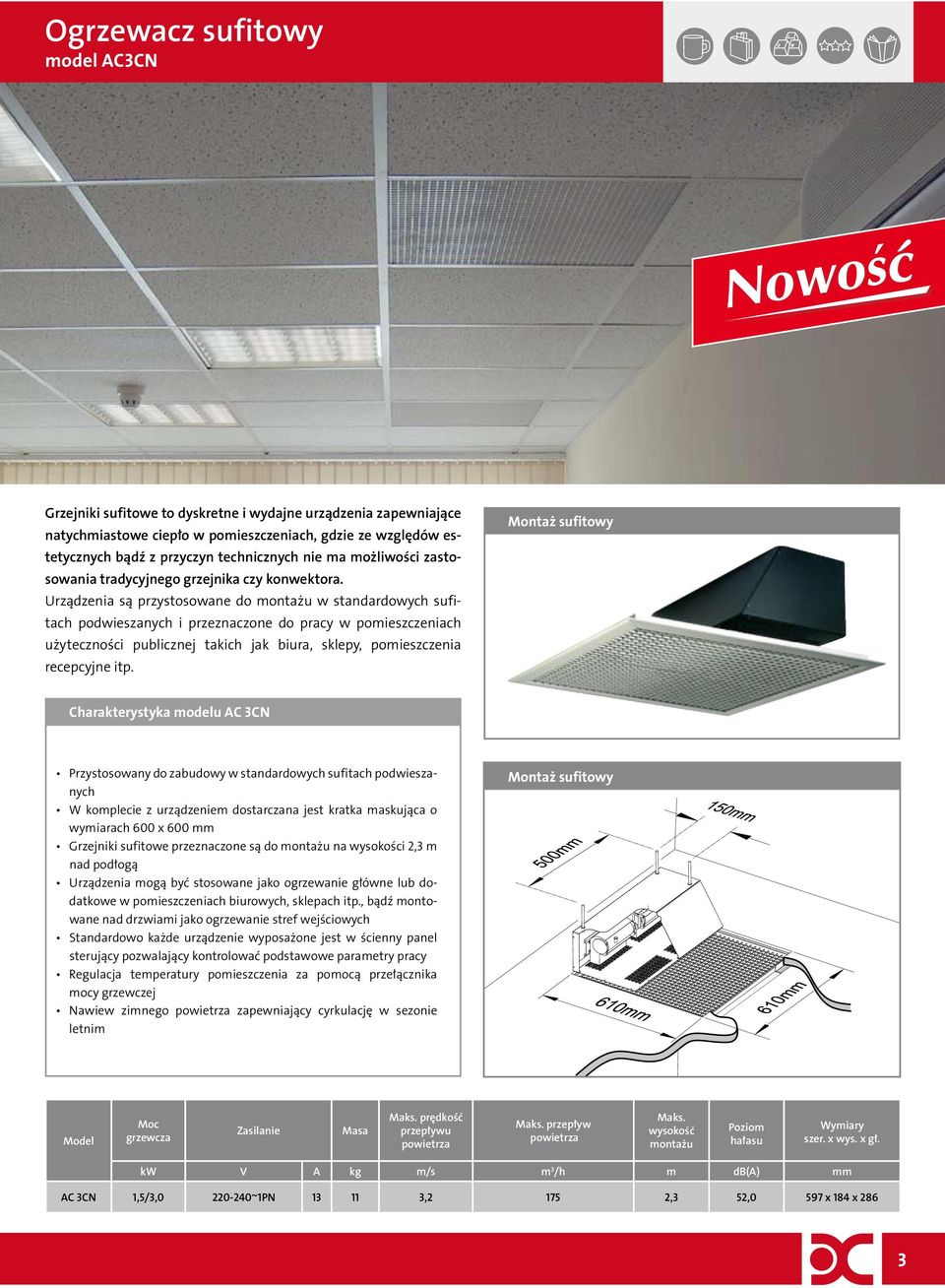 Urządzenia są przystosowane do montażu w standardowych sufitach podwieszanych i przeznaczone do pracy w pomieszczeniach użyteczności publicznej takich jak biura, sklepy, pomieszczenia recepcyjne itp.
