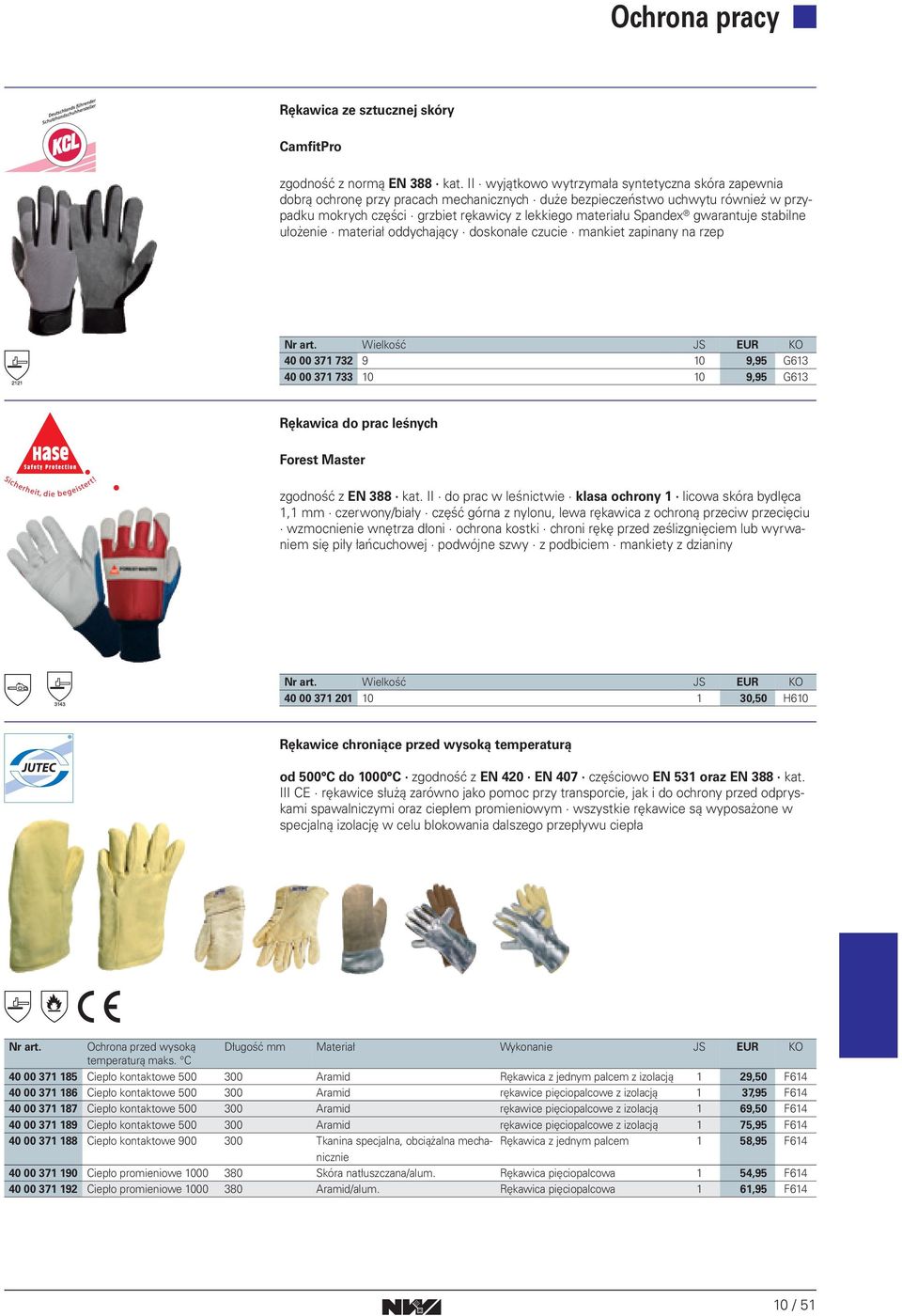 Spandex gwarantuje stabilne ułożenie materiał oddychający doskonałe czucie mankiet zapinany na rzep 40 00 371 732 9 10 9,95 G613 40 00 371 733 10 10 9,95 G613 Rękawica do prac leśnych Forest Master