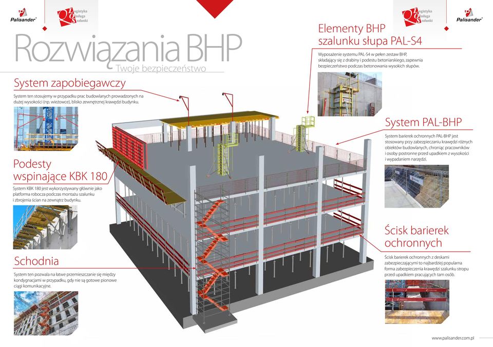 System PAL-BHP Podesty wspinające KBK 180 System KBK 180 jest wykorzystywany głównie jako platforma robocza podczas montażu szalunku i zbrojenia ścian na zewnątrz budynku.